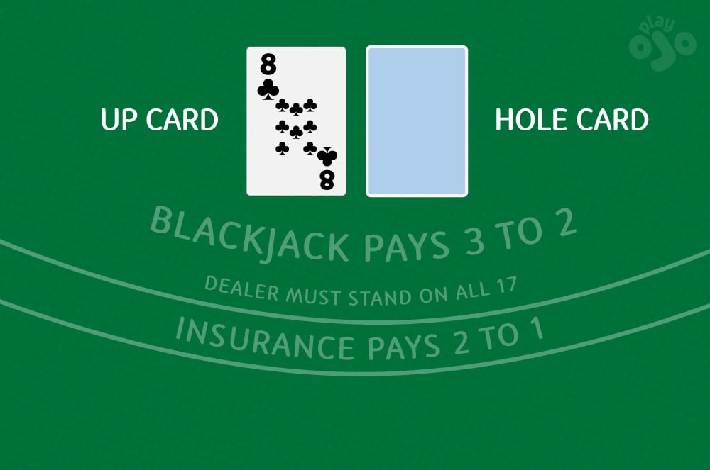 close-up of dealer hand (8 face up, second card face down, with labels for each card: UP CARD, HOLE CARD