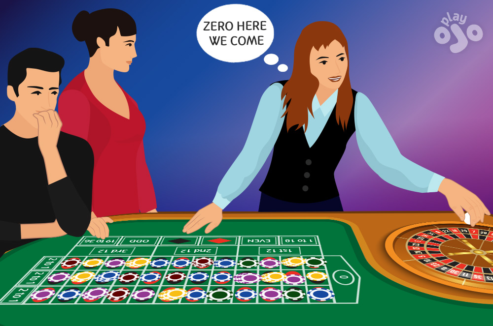 Croupier about to release the ball, with thought bubble which says LAND IT IN ZERO and lots of bets across the table but none on zero