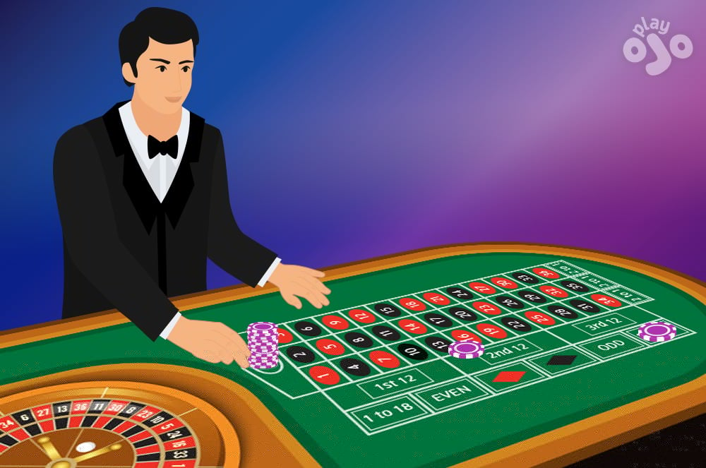 player in a tuxedo next to a roulette table with a stack of chips on 0 the 13-18 six-line bet and High