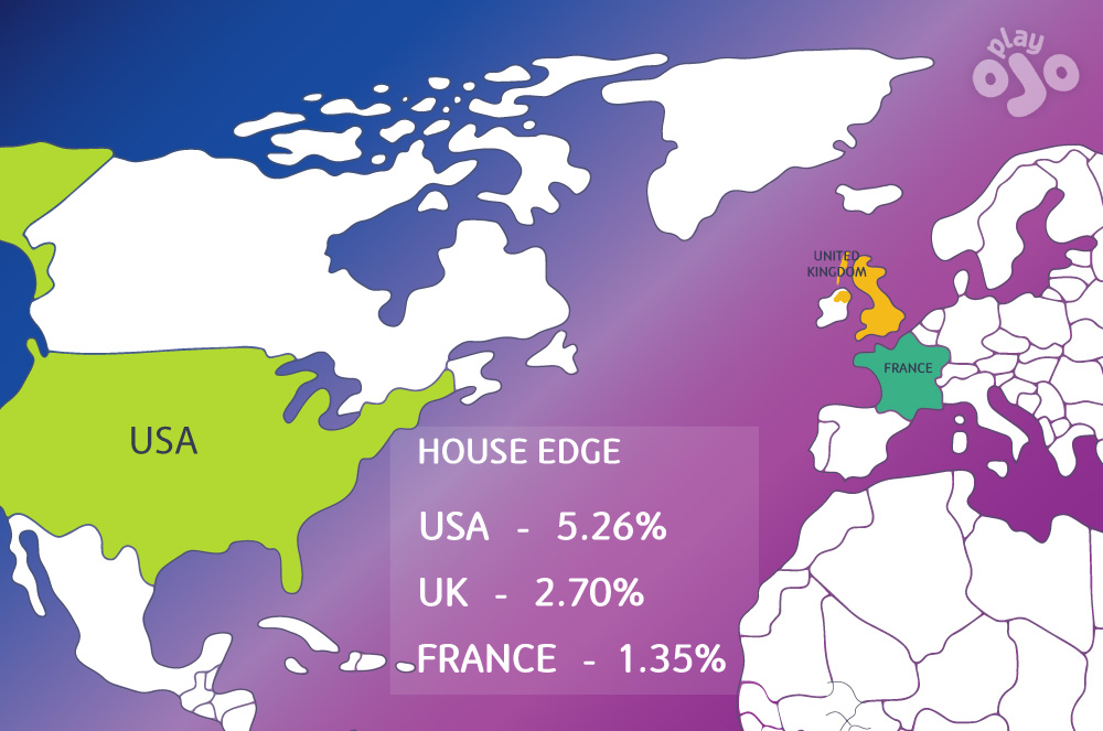 Map of the world with Roulette wheels labelled with the house edge