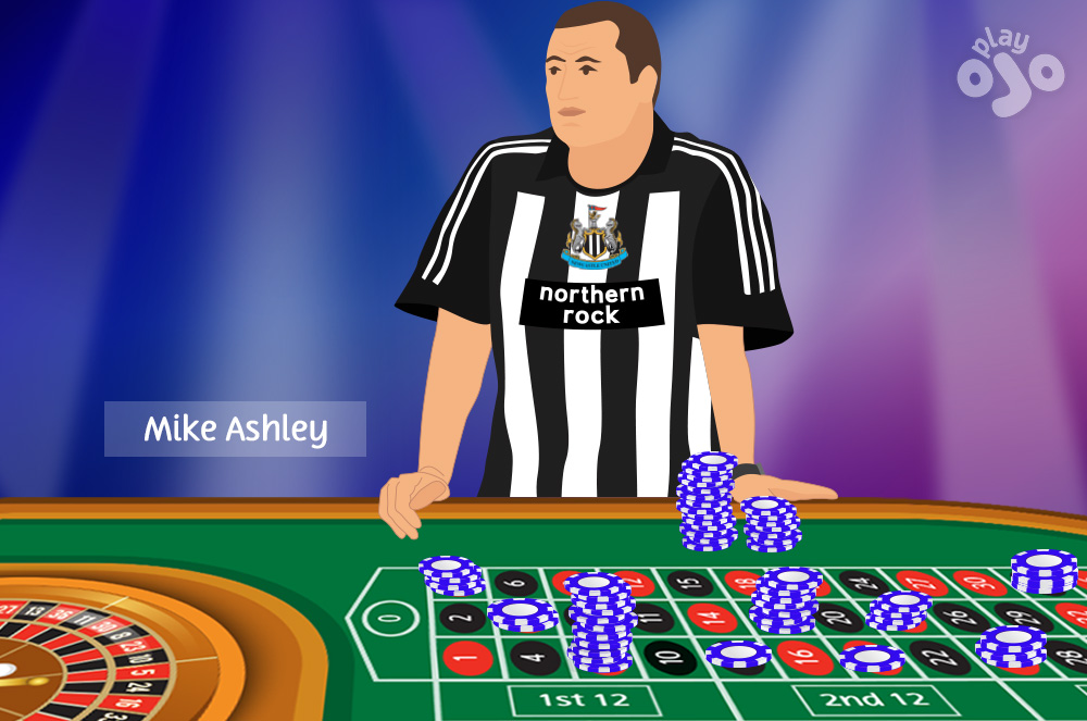 Guy who looks like Mike Ashley (large guy wearing a Newcastle United FC football shirt, see comment) with lots of big stacks of chips spread across the board