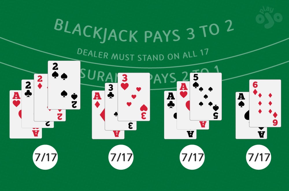 Different 'soft 17' blackjack hands worth either 7 or 17