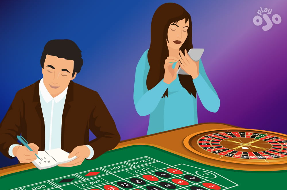 A man notes down roulette results while a woman uses an app to play roulette