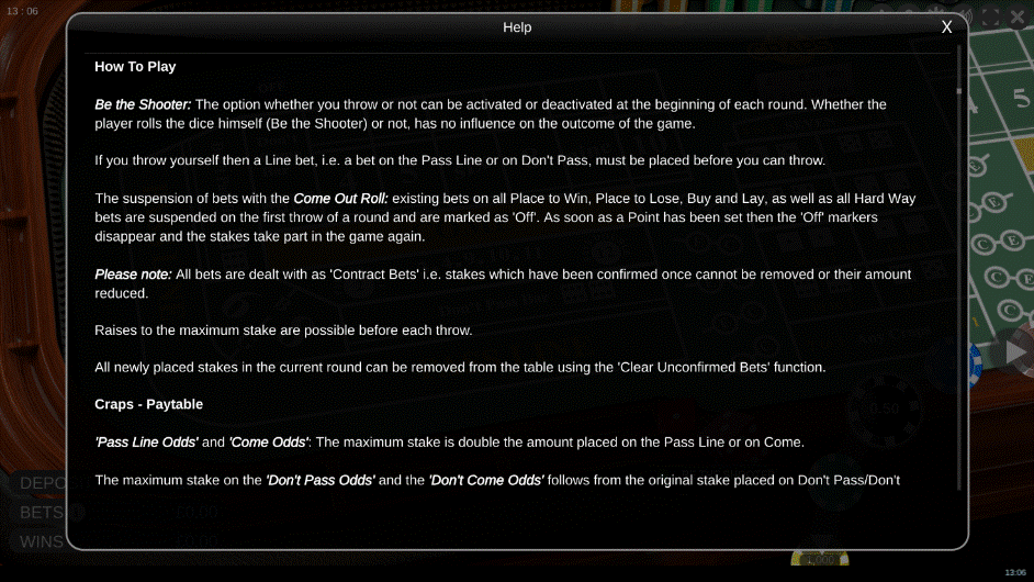 Craps game showing the Help section’s rules on how to play