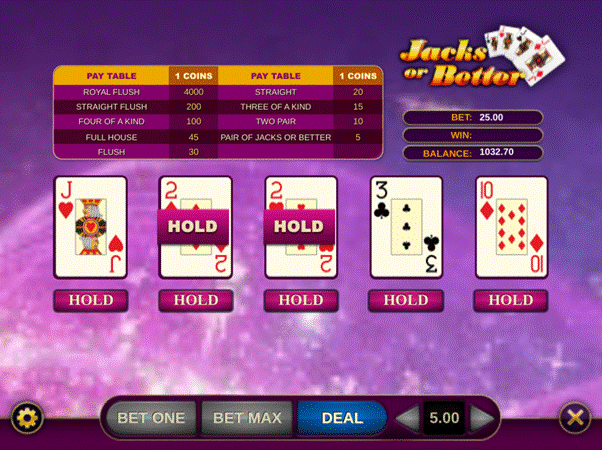 A game of Jacks or Better video poker with a pair of 2s held