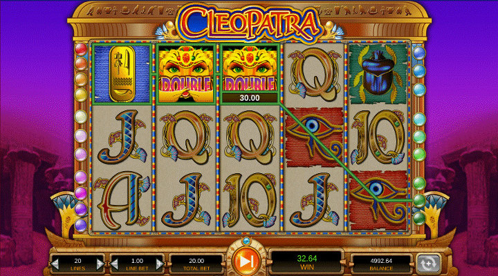 Cleopatra slot with cartouche, scarab and eye of ra symbols, and a win featuring two cleopatra wilds