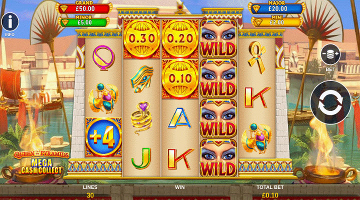 Queen of the Pyramids slot showing light stone-coloured reels and stacked Cleopatra wild symbols on reel 4