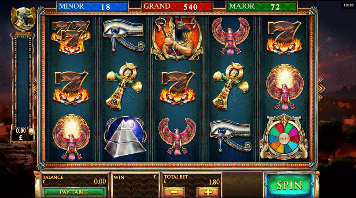 Guardians of Luxor 2 slot with 5x3 reel layout containing ornate Egyptian eye of ra, ankh, bird and Anubis symbols