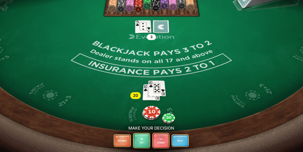 First Person Blackjack game showing a 21+3 Blackjack side bet flush win 