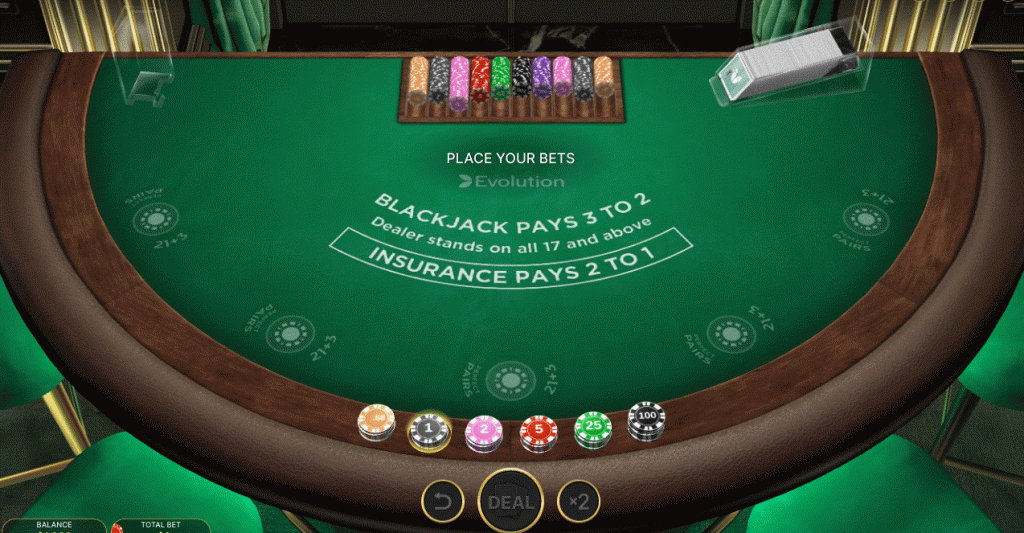 First Person Blackjack game with green felt table and five betting positions, each with a 21+3 side bet option 