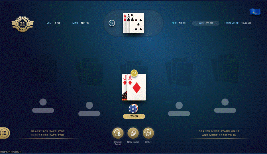 European Blackjack game showing player winning with a Blackjack hand