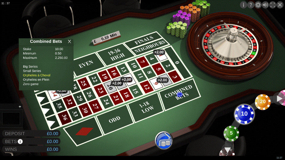 French Roulette game with an orphelins bet placed 