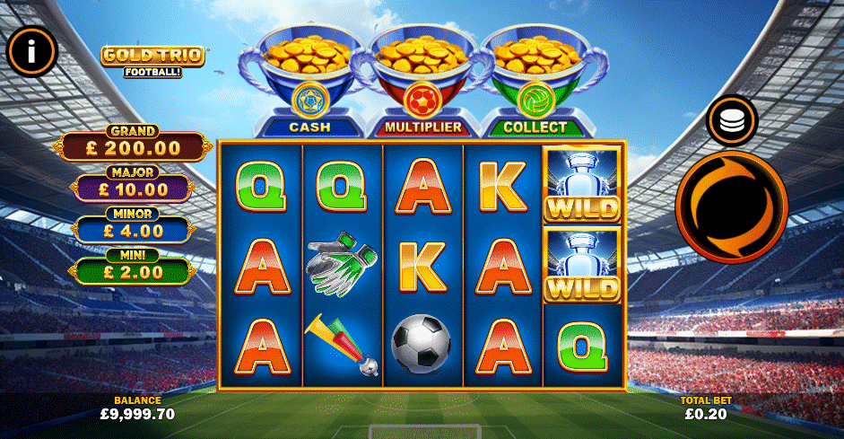 Gold Trio Football slot with 4 jackpots, cash, multiplier, and collect trophies, and a colourful 5 reel design