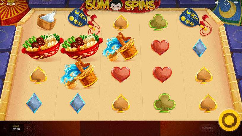 Sumo Spins sports slot with Japanese culture symbols and a sumo wrestling theme