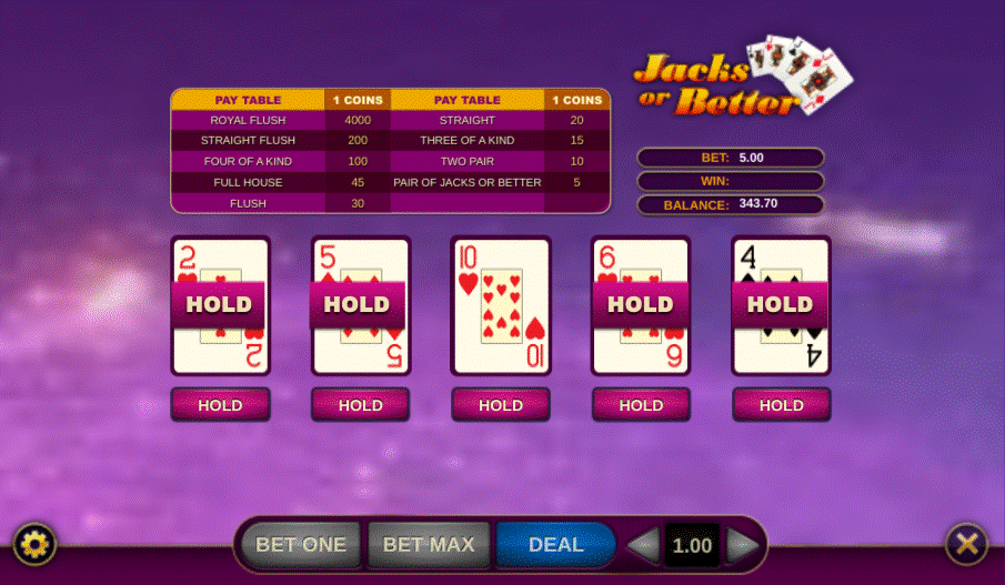 Jacks or Better video poker game holding 4 of an inside Straight 2-6 missing a 3.